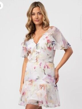 Ted Baker White Floral Watercolor Ruffle Dress NWT
